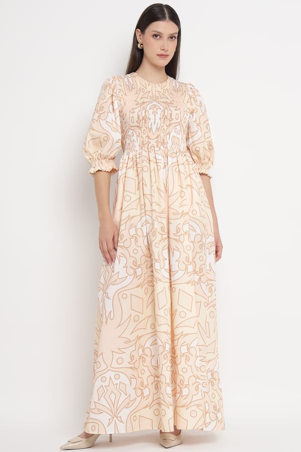 Palma Beig Abstract Print Smocked Maxi Dress — SILVIAN HEACH