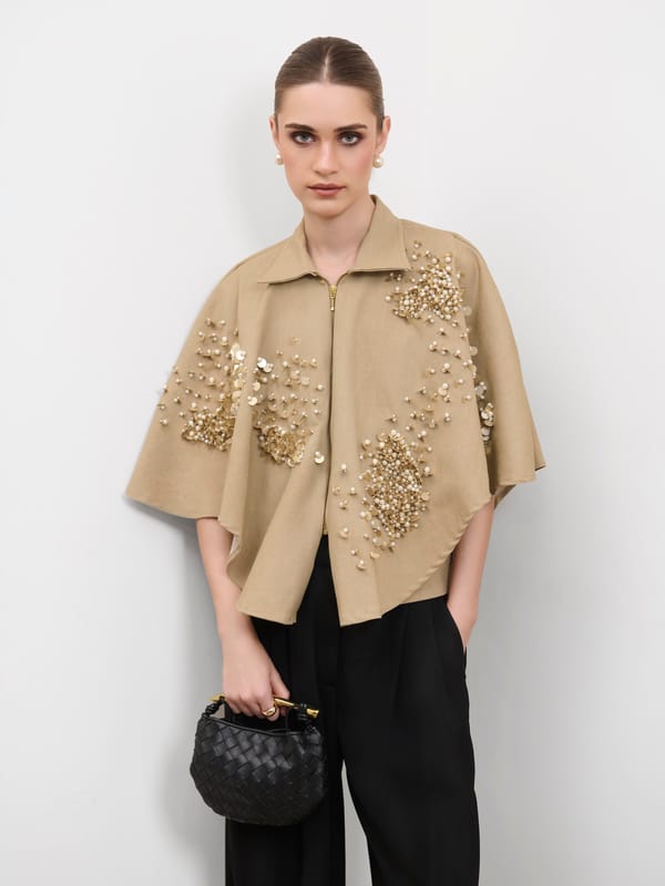 Beige Denim Sequin and Pearl Cropped Cape Top — MADISON