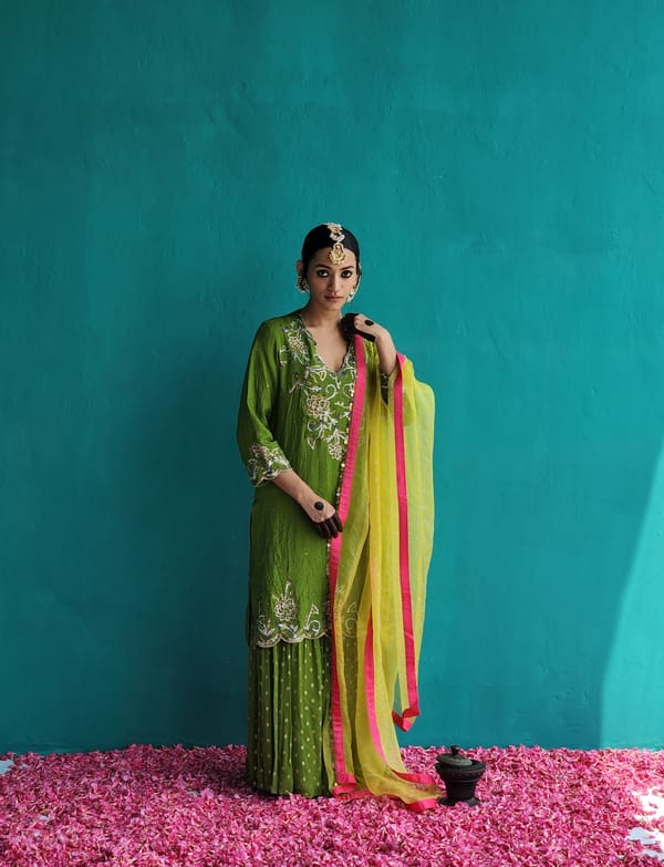 Mehendi Green Embroidered Kurta Sharara Set with Dupatta — Pooja Singhal