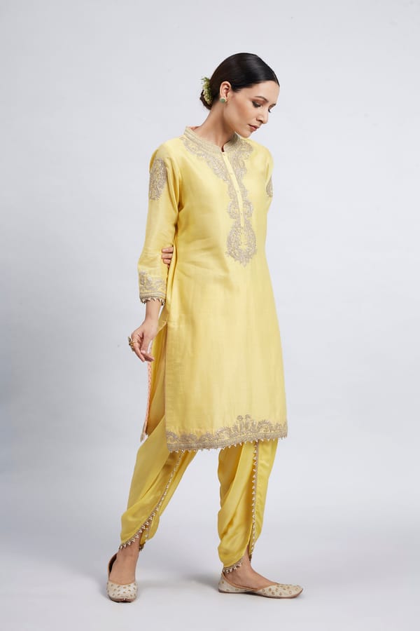 Aabisah- Daffodil Yellow Embroidered Kurta With Dhoti — Sheetal Batra