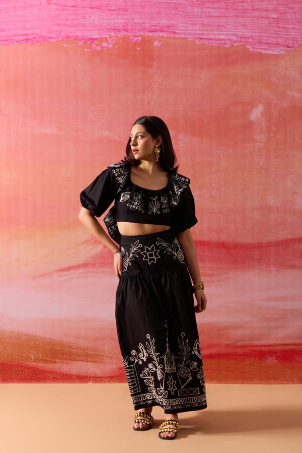 Black Embroidered Cropped Blouse and Midi Skirt Co-ord Set — Label Ruiaan