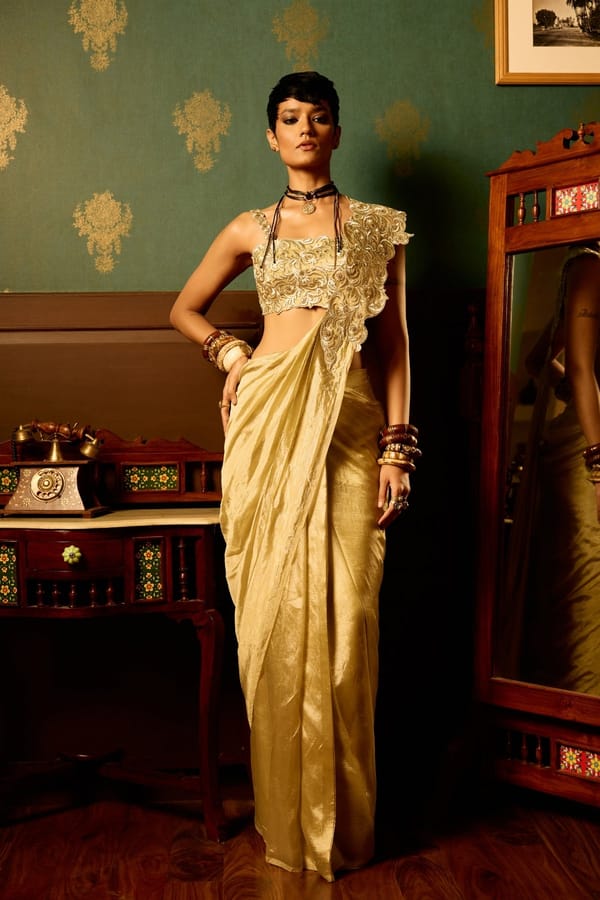 Pastel Sage Flat Tissue Drape Saree with Zari Embroidery — Reeti Arneja