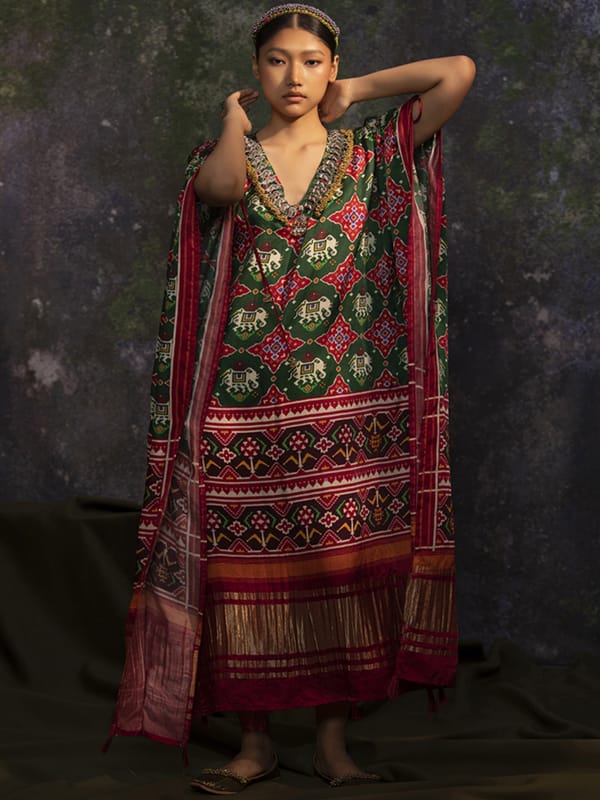 Multi Patola Print V-Neck Embellished Kaftan — 5 Elements