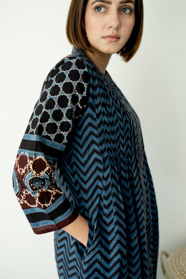 Indigo Black Block Print Front-Open Cotton Kurta — Vraj Bhoomi