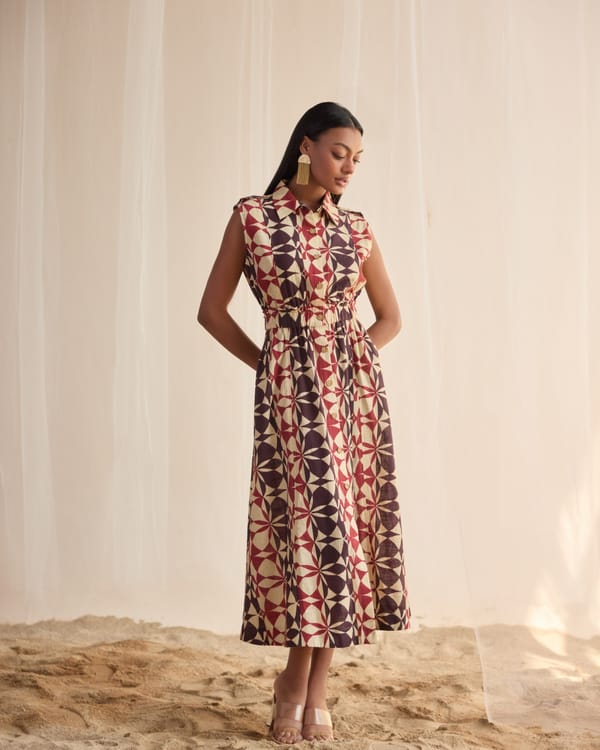 Beige Geometric Printed Sleeveless Shirt Midi Dress — Style Island