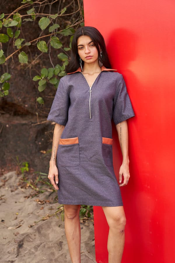 Indigo Cotton Jacquard Mini Shift Dress with Zip Neck — Dash and Dot