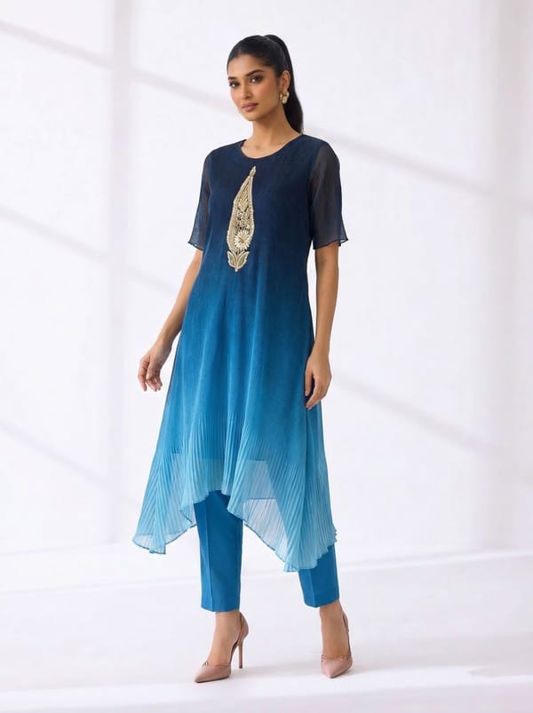 Ombre Ocean Blue Georgette Kurta Pant Co-ord Set — PREETI MEHTA