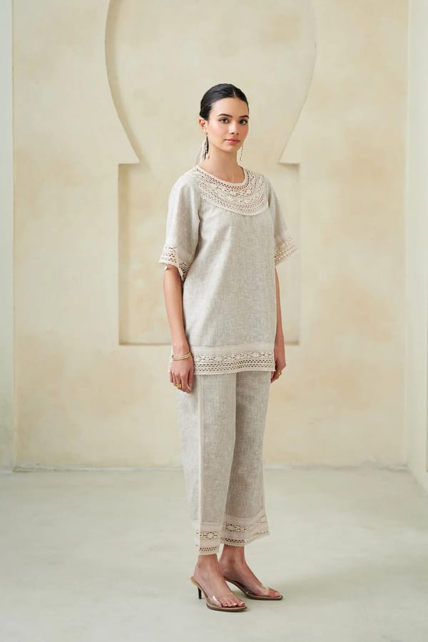 Beige Linen-Cotton Co-ord Set with Lace Detail — STITCH STORIES