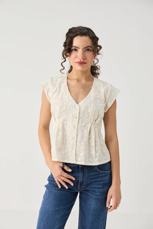 Embroidered Deep V Neck Top in Cream — REISTOR
