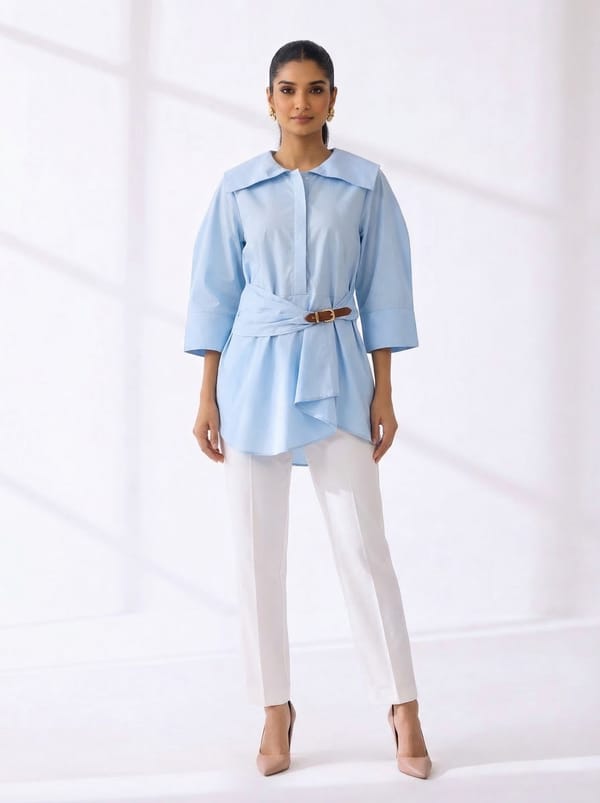 Powder Blue Belted Longline Shirt with Lapel Collar — NOTEBOOK