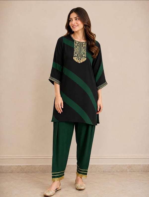 Tie & Dye Green and Black  colour  with Hand embroidery  work on pure modal satin  with pakistani salwar — SMAYA by Monica