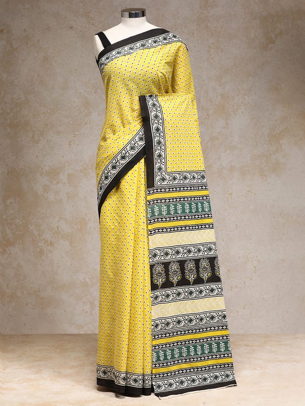 Yellow Handblock Printed Mango Motif Mulmul Saree — BINKS