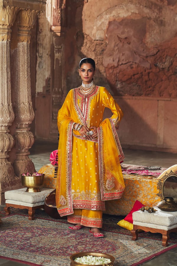 Mustard A-Line Long Kurta Set with Palazzo and Dupatta — Sheetal Batra