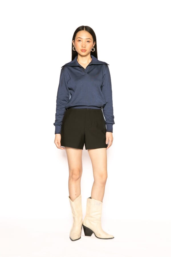 Blue Cotton Fleece Sailor Collar V-Neck Pullover Top — Contemponari