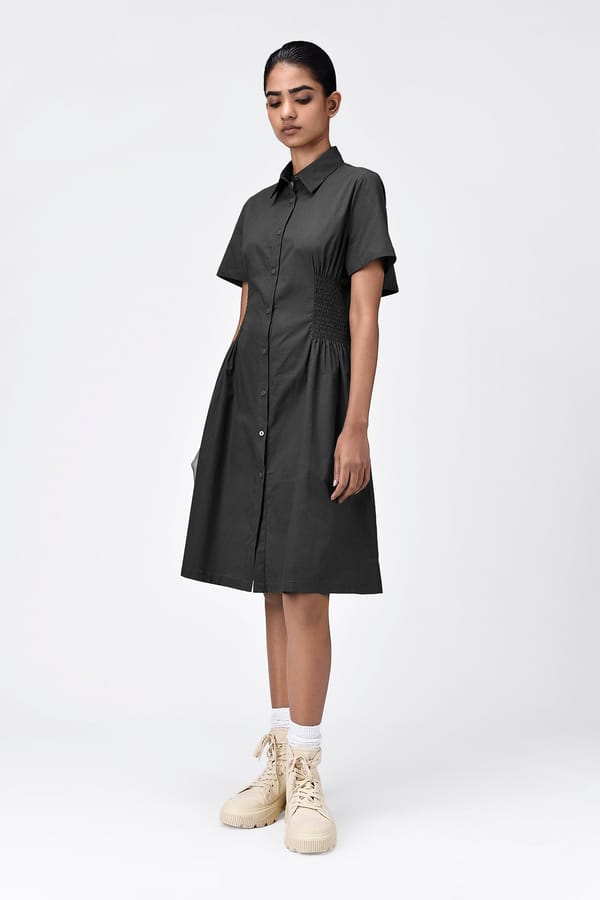 Black Cotton Poplin Shirt Dress with Back Cutout — Genes Lecoanet Hemant