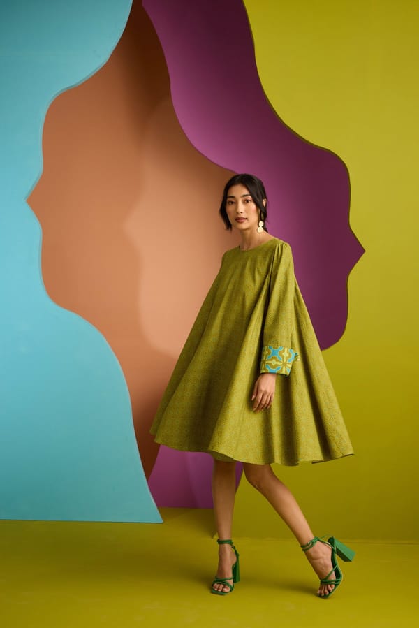 Olive Green Geometric Print Fit and Flare Knee-Length Dress — CUIN