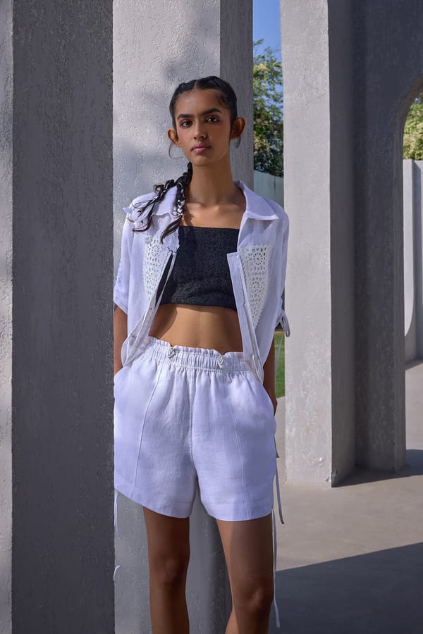 Powder Blue Linen Shirt with Lace Cutwork and Tie-Ups — YELL