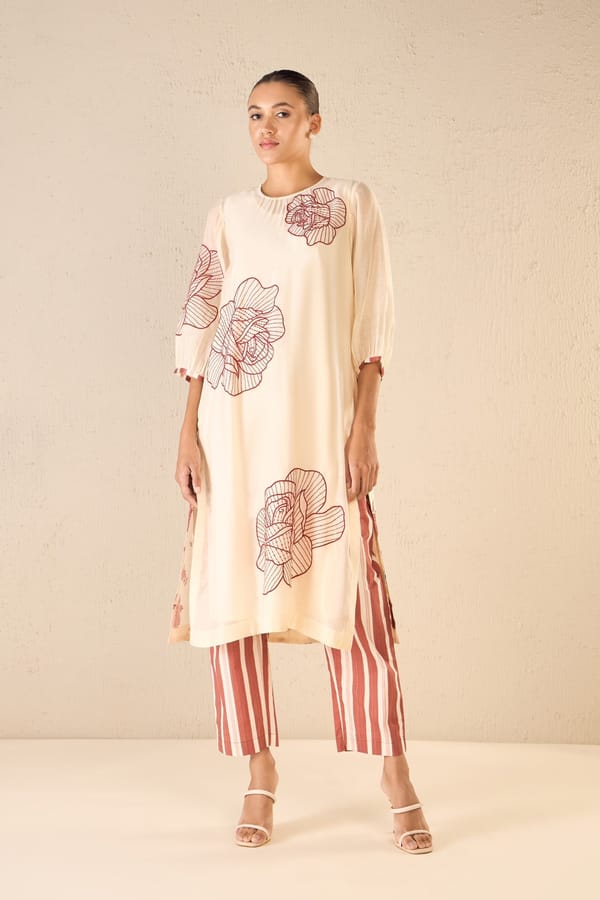 Rose Ballad: Red Three Bold Rose Chanderi Kurta — SHIVANI BHARGAVA