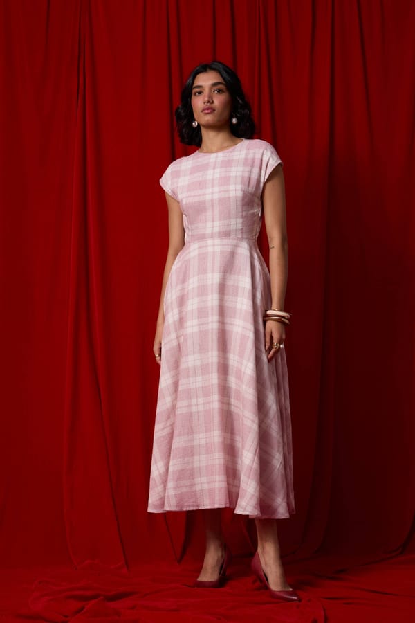 Red Checked Handwoven Cotton Fit and Flare Maxi Dress — The Summer House