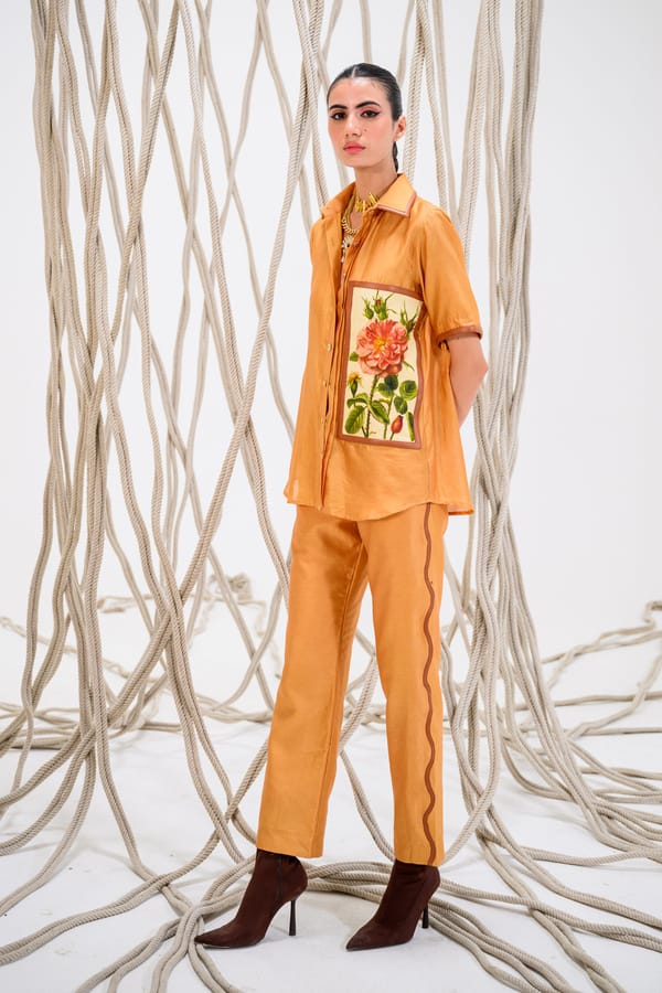 Tan Chanderi Silk Shirt with Vintage Rose Patch — The Dramebaaz Company