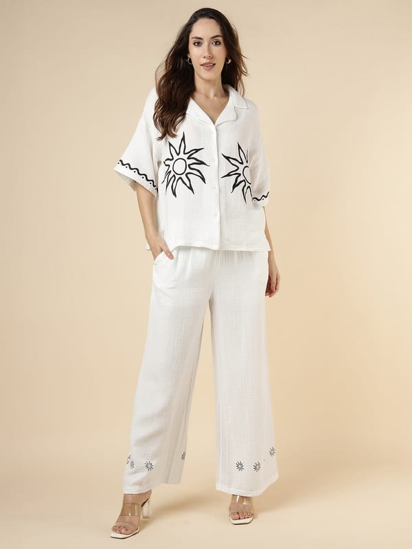White Sun Motif Shirt and Wide-Leg Trouser Co-ord Set — ASPRIN FASHION