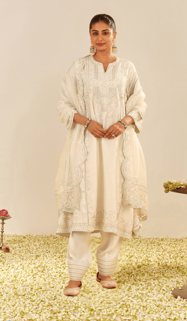 Daisy Ivory Embroidered Long Chauga Kurta Set with Salwar — Sheetal Batra