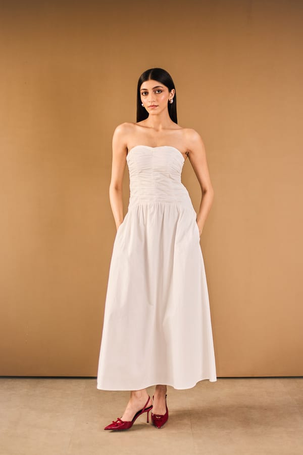 White Strapless Fit and Flare Midi Dress — Urban Suburban