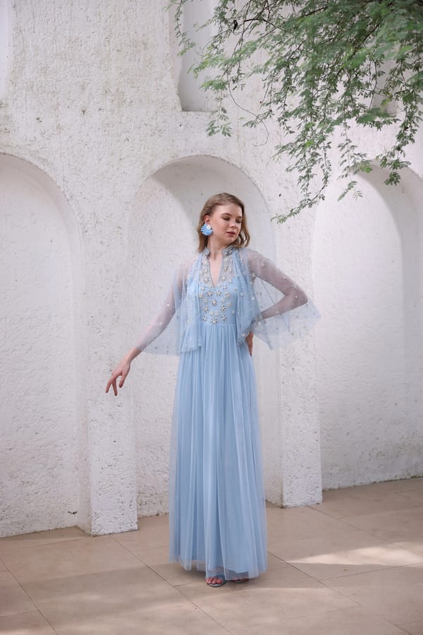 Powder Blue Hand-Beaded Dress with Sheer Cape — EDITION II