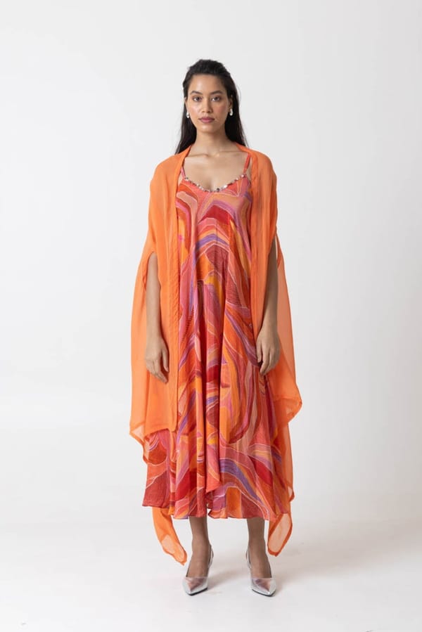 Orange Multicolor Printed Strappy A-Line Midi Dress Set — MOMENT BOMBAY