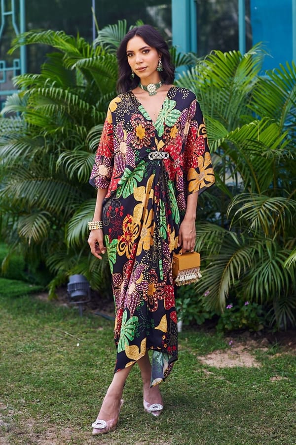 Black Modal Satin Floral Print Kaftan — Sttavoss