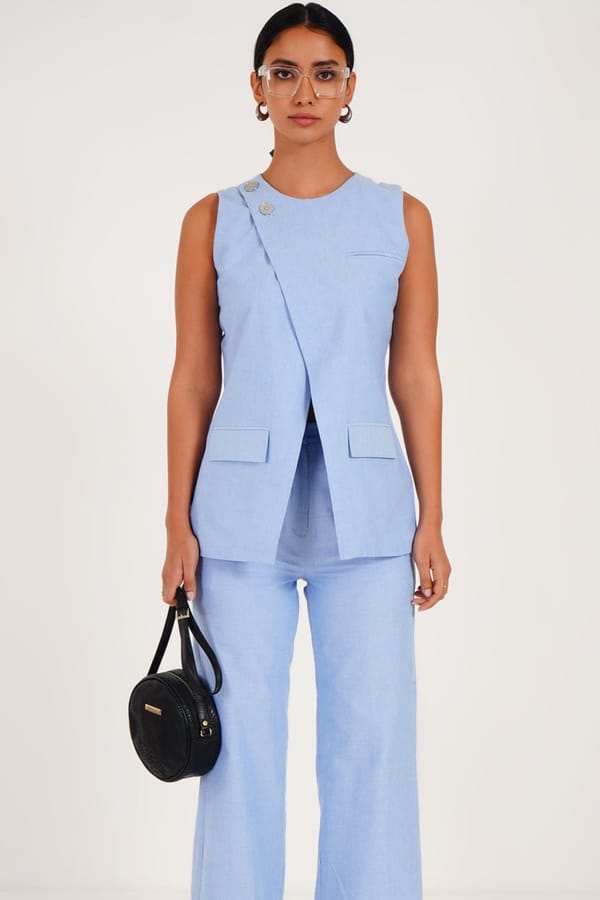 Blue Chambray Asymmetric Sleeveless Top Coat — WESTERNERA