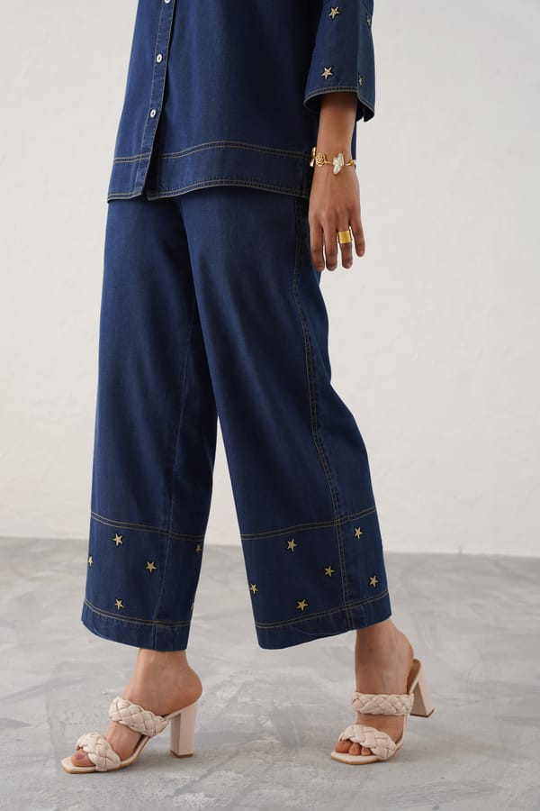 Denim Blue Cotton Wide-Leg Trousers with Star Embroidery — STITCH STORIES