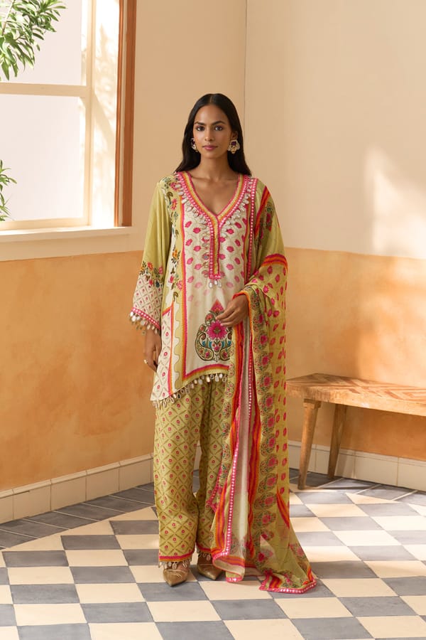 Olive Khaki Floral Printed Kurta Set with Mirror Work — Chakkraa