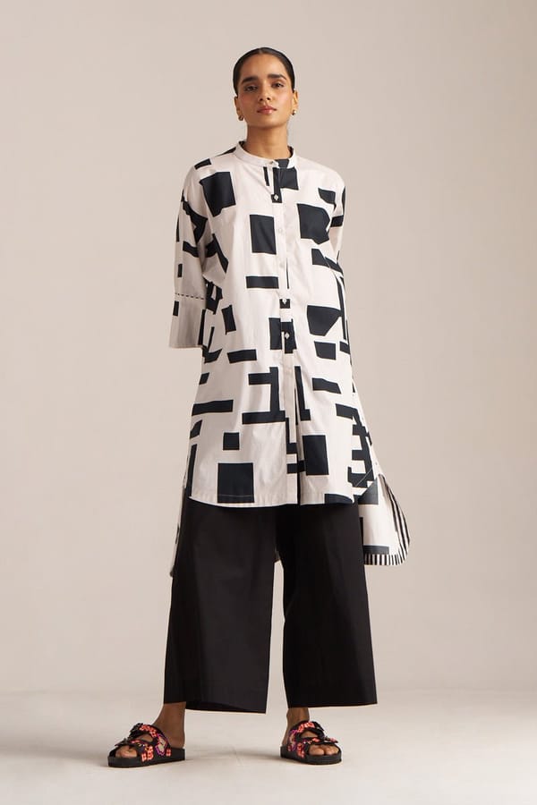 Black and White Geometric Print Asymmetrical Shirt Kurta — Ganga Fashions Pvt Ltd