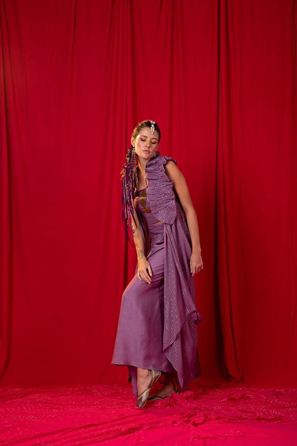 Lavender Shimmer 3-Piece Co-ord Set with Draped Maxi Skirt — EnEch