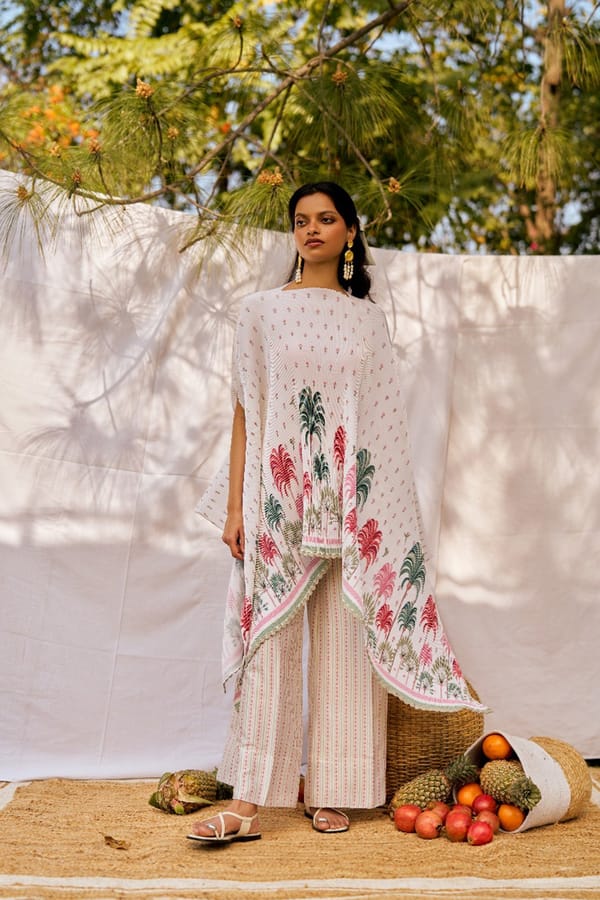 Pleated Printed Kimono Cape in White/Red/Green — Moh India