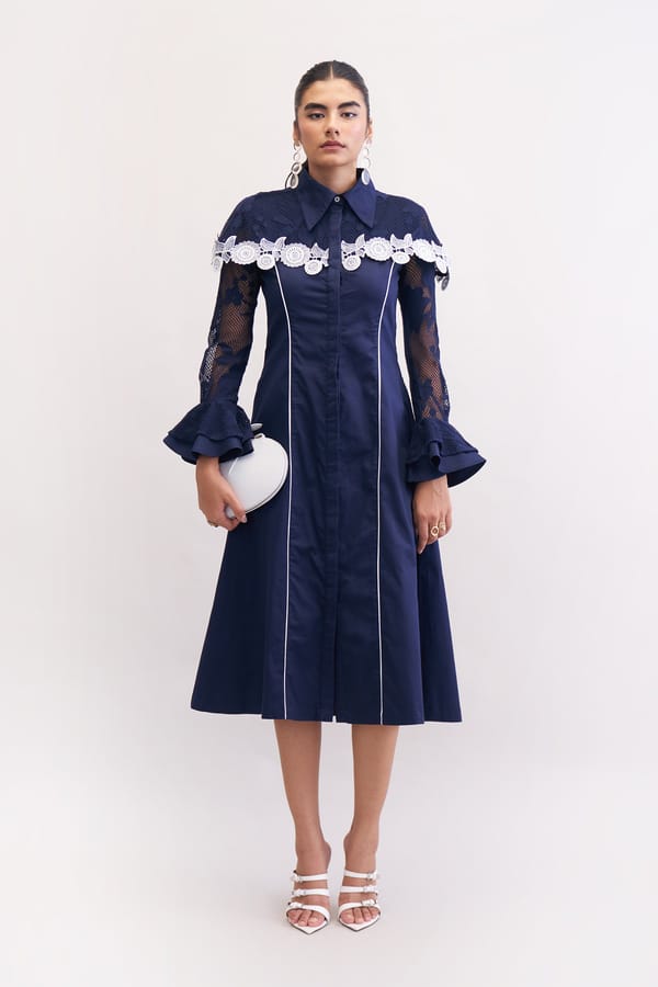 Navy Cotton Satin Lace Yoke Button-Down Midi Dress — Our Love
