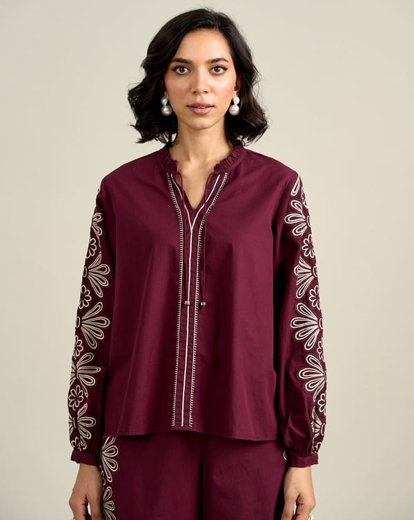 Wine Cotton Straight Top with Embroidered Bishop Sleeves — Style Island