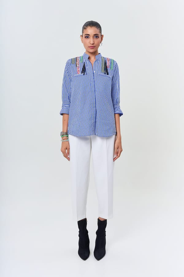 Blue and White Striped Mandarin Collar Shirt — KOR