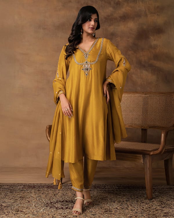 Rajsi Golden Yellow Silk Embroidered Kurta Set — ISHA GUPTA TAYAL