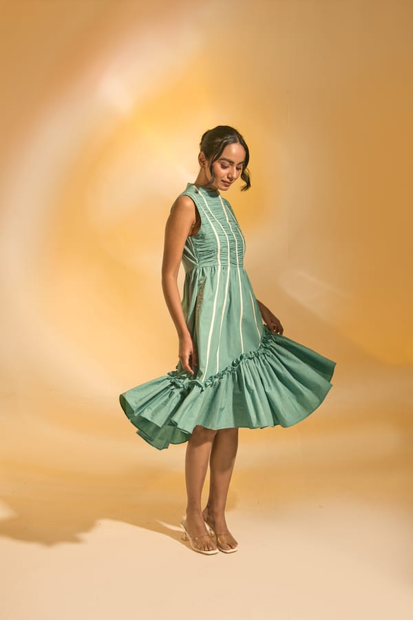 Sea Green Fit and Flare Midi Dress with Ruffled Hem — An'era by Asmita Verma