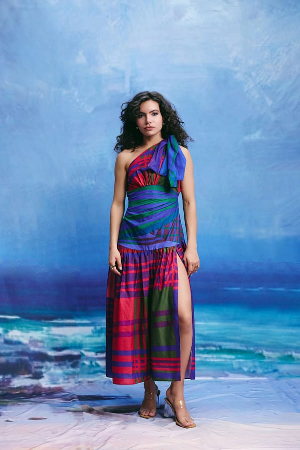 Multicolour One-Shoulder Linen Midi Dress with Slit — Zip by Payal Zinal