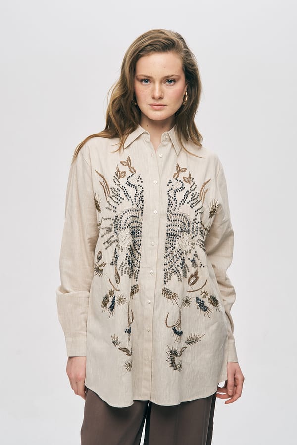 Beige Embroidered Longline Button-Down Shirt — THE LUXURY DRESSING