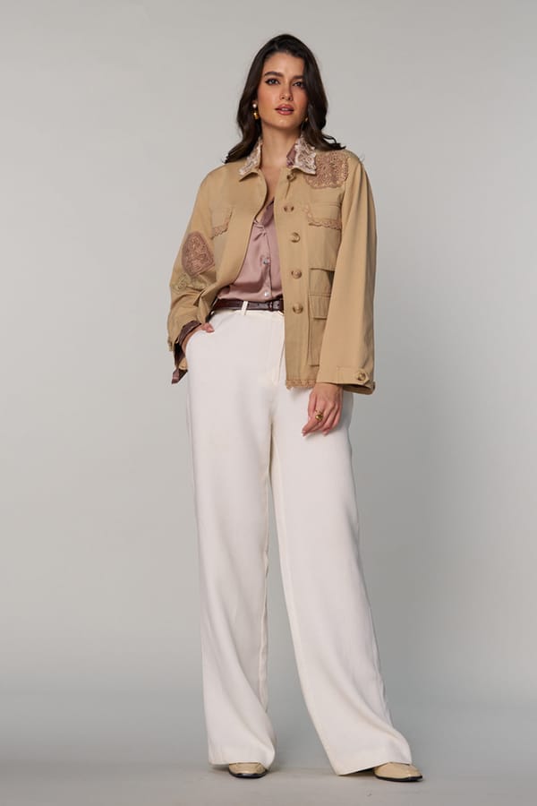 Beige Cotton Twill Lace Patch Utility Jacket — Style Island