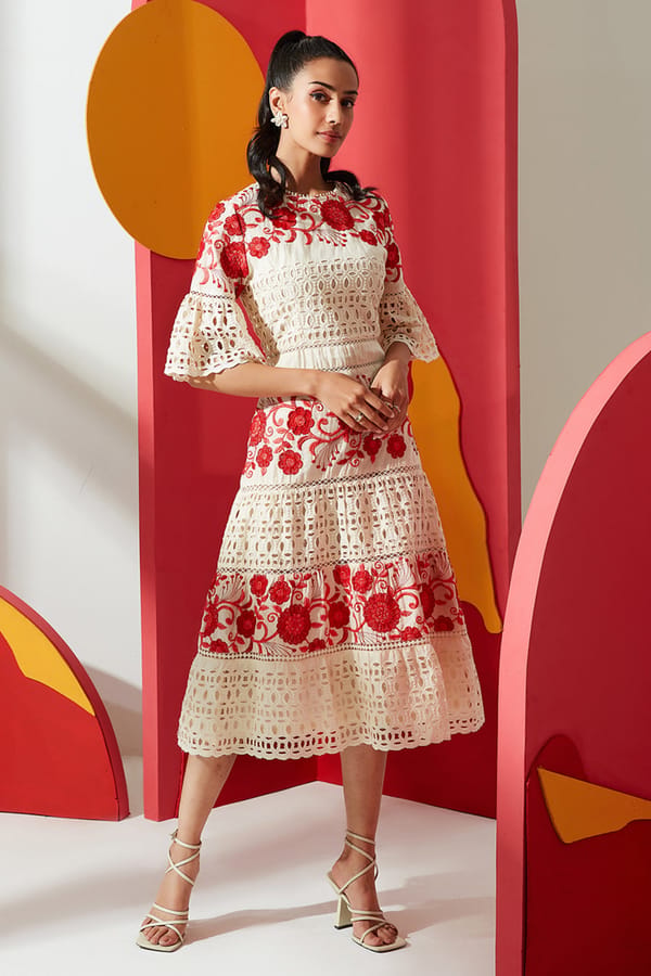 Beige and Red Embroidered Cutwork Tiered Midi Dress — BOHO-CHIC