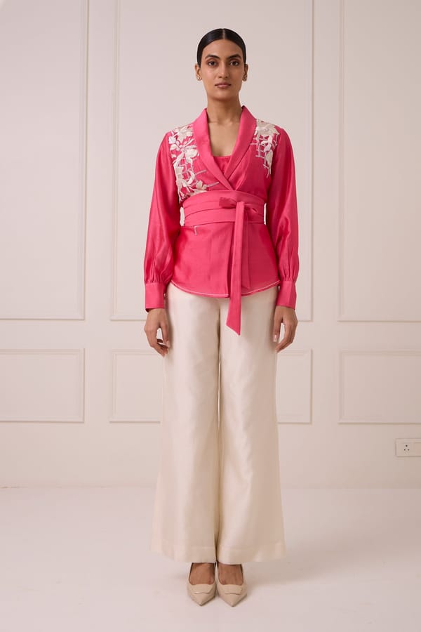 Hot Pink Embroidered Wrap Blazer and Wide-Leg Pant Co-ord — Madder Much