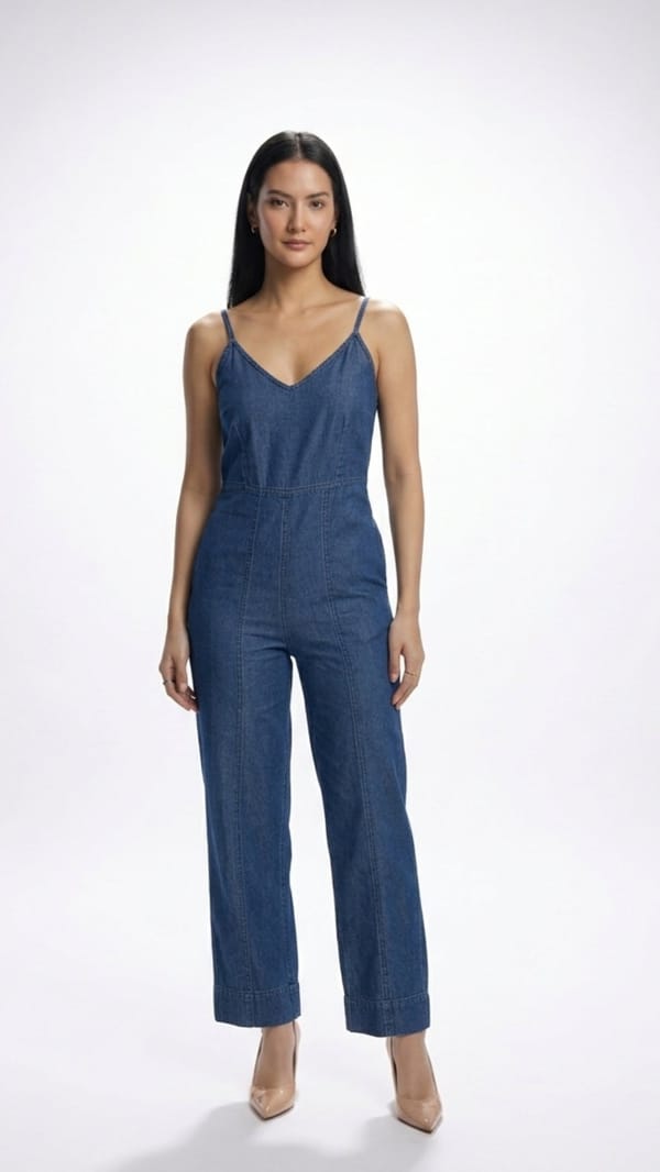 Blue Denim Strappy V-Neck Wide-Leg Jumpsuit — Designs by Queen Bee