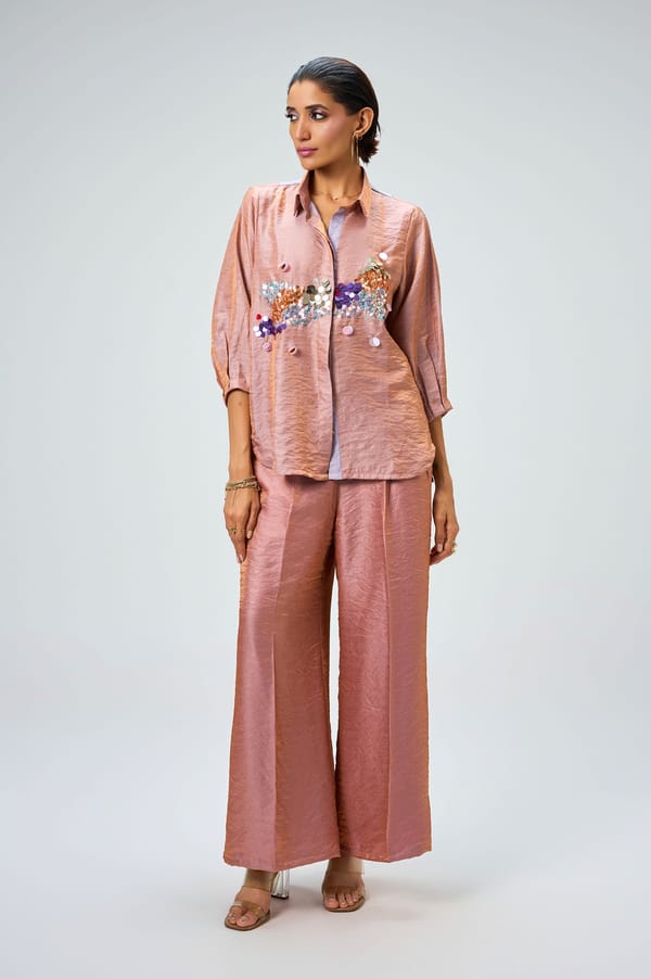 Rose Gold Sequin Shirt and Wide-Leg Pants Co-ord Set — KOR