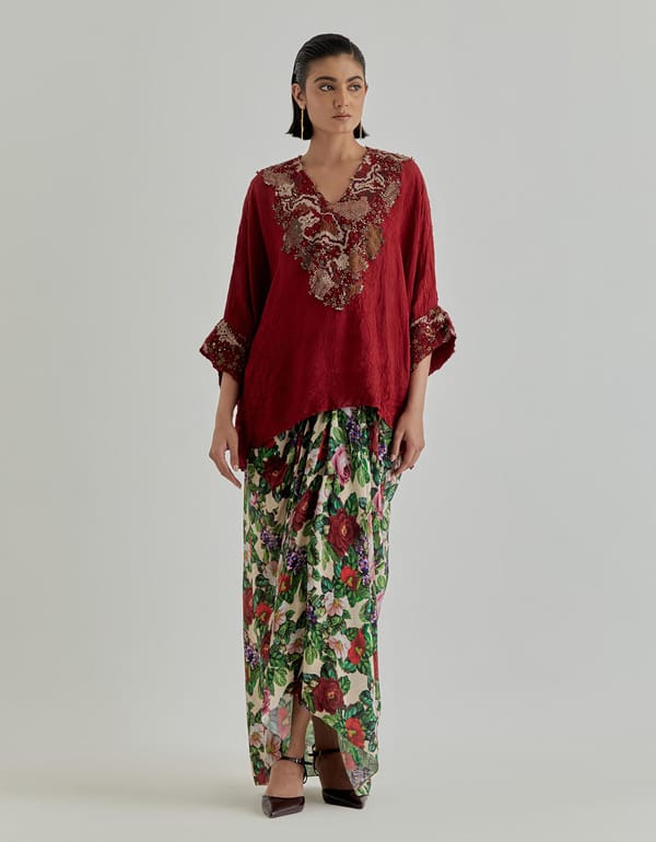 Rosette Nomad Drape Skirt Paired With Poncho Top — Kavita Bhartia