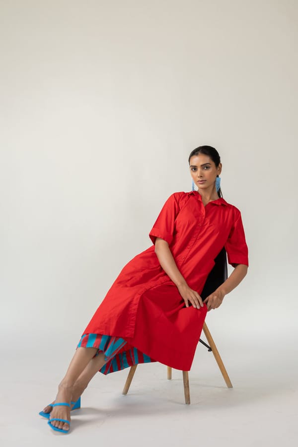 Scarlet Stride Shirt Dress With Striped Pants — Silai studio